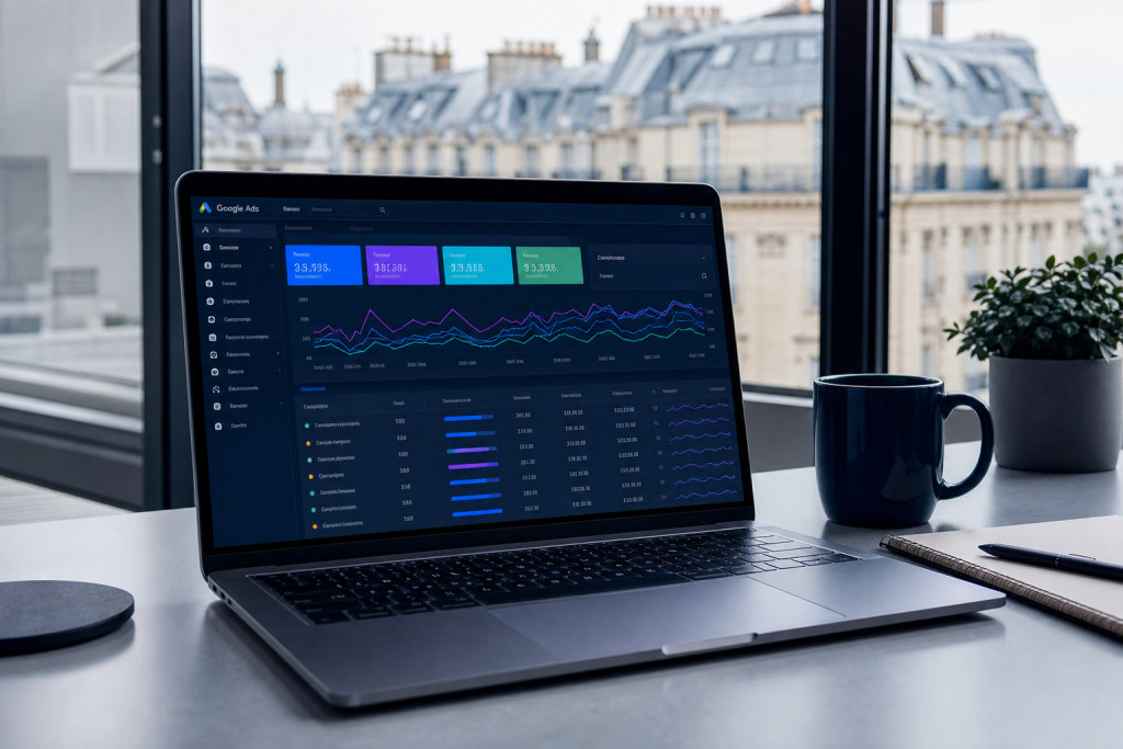 Dashboard Google Ads dans bureau parisien moderne avec vue haussmannienne