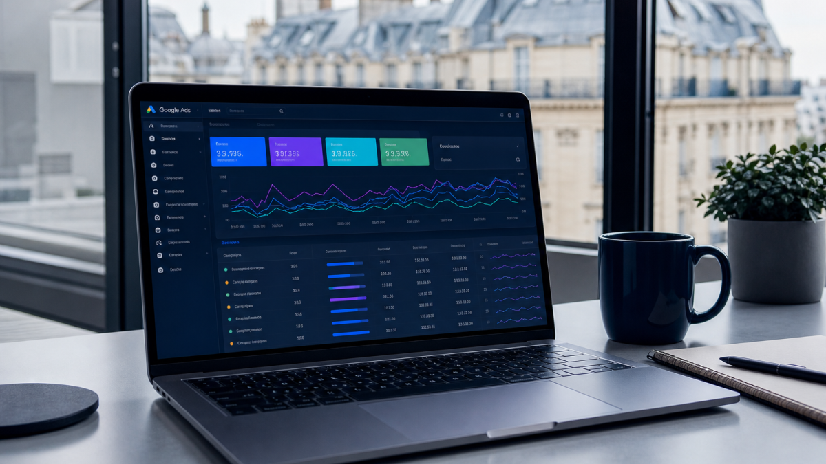 Dashboard Google Ads dans bureau parisien moderne avec vue haussmannienne