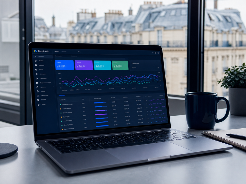 Dashboard Google Ads dans bureau parisien moderne avec vue haussmannienne