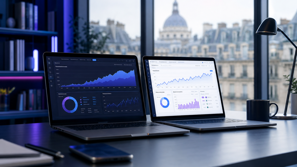 Deux laptops SEO côte à côte dans bureau parisien — comparatif agence vs freelance
