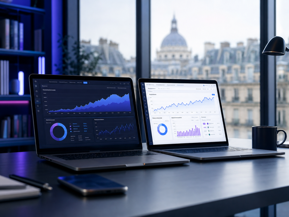 Deux laptops SEO côte à côte dans bureau parisien — comparatif agence vs freelance