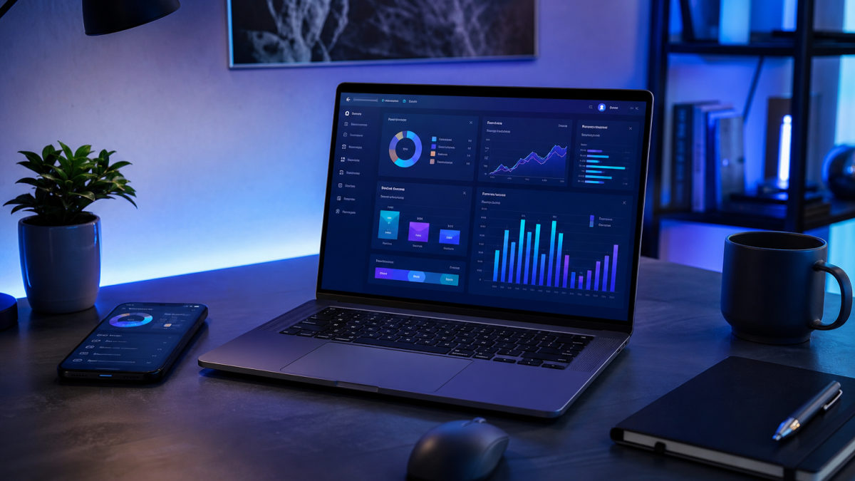 Dashboard marketing IA sur laptop avec smartphone — bureau épuré lumière bleue