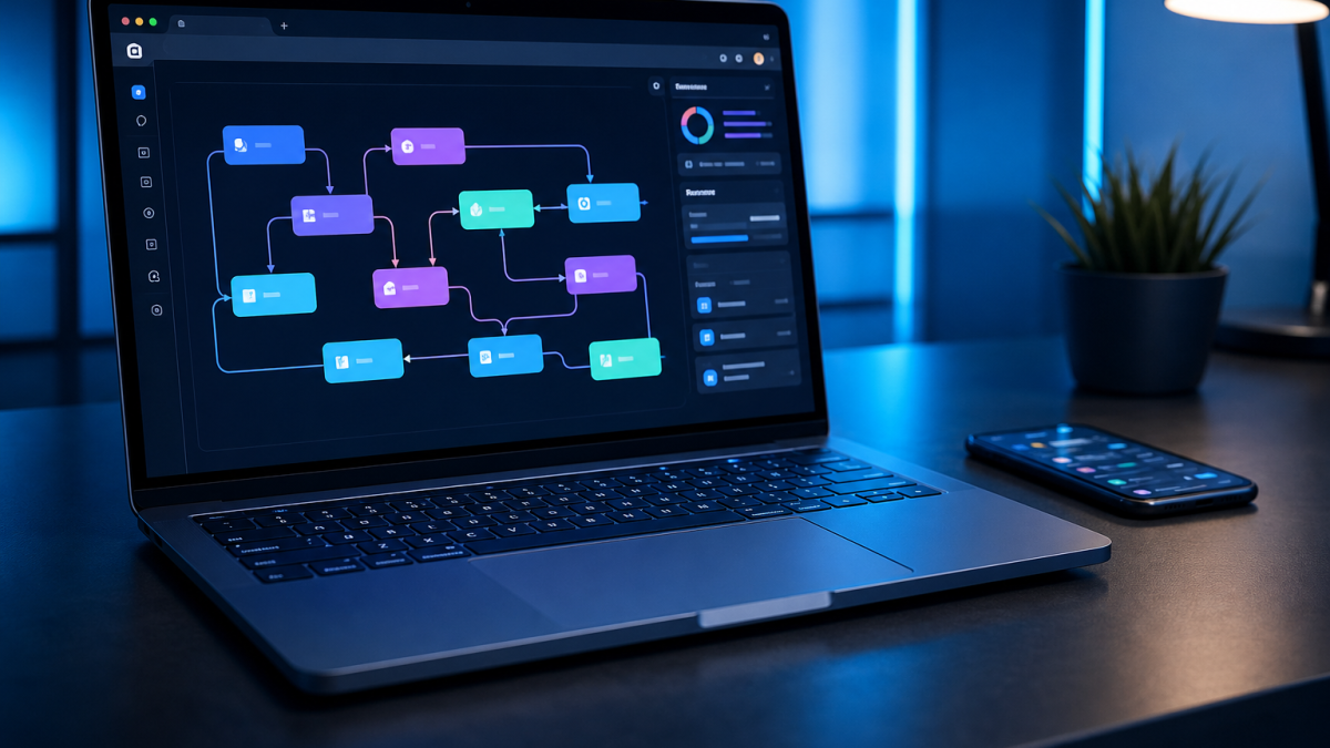 Workflow no-code IA sur laptop — automatisation marketing sans code 2026