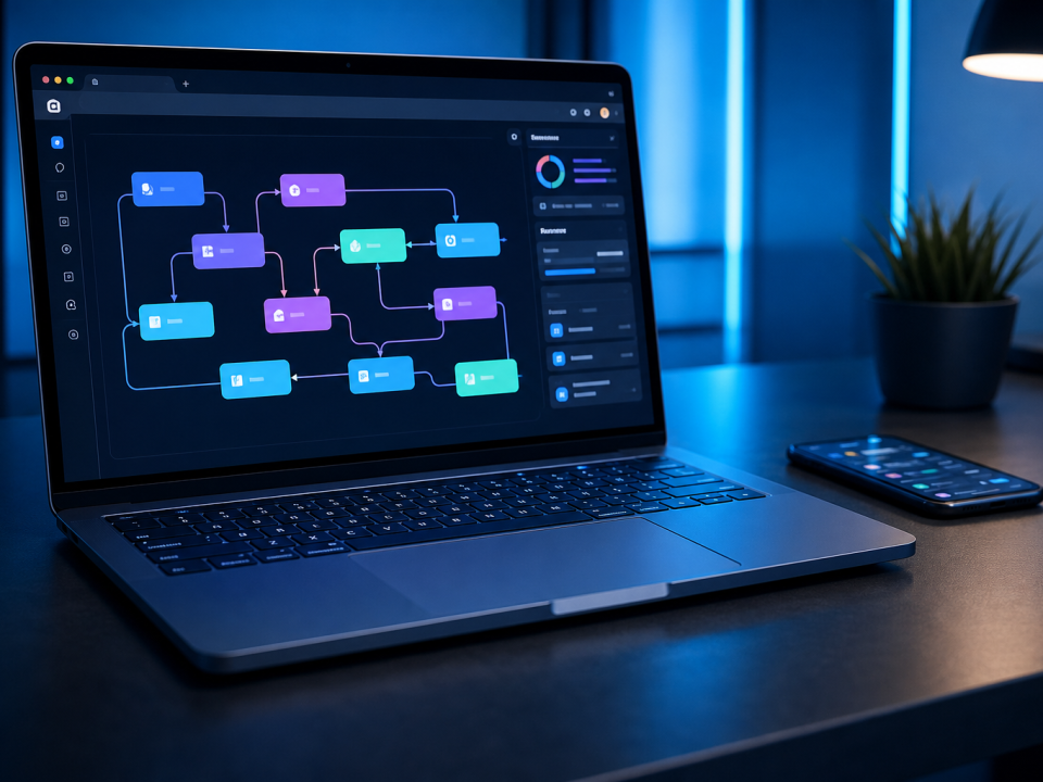 Workflow no-code IA sur laptop — automatisation marketing sans code 2026