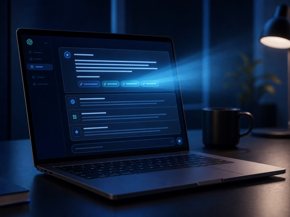 GEO 2026 — interface IA glowing sur écran laptop dans bureau sombre