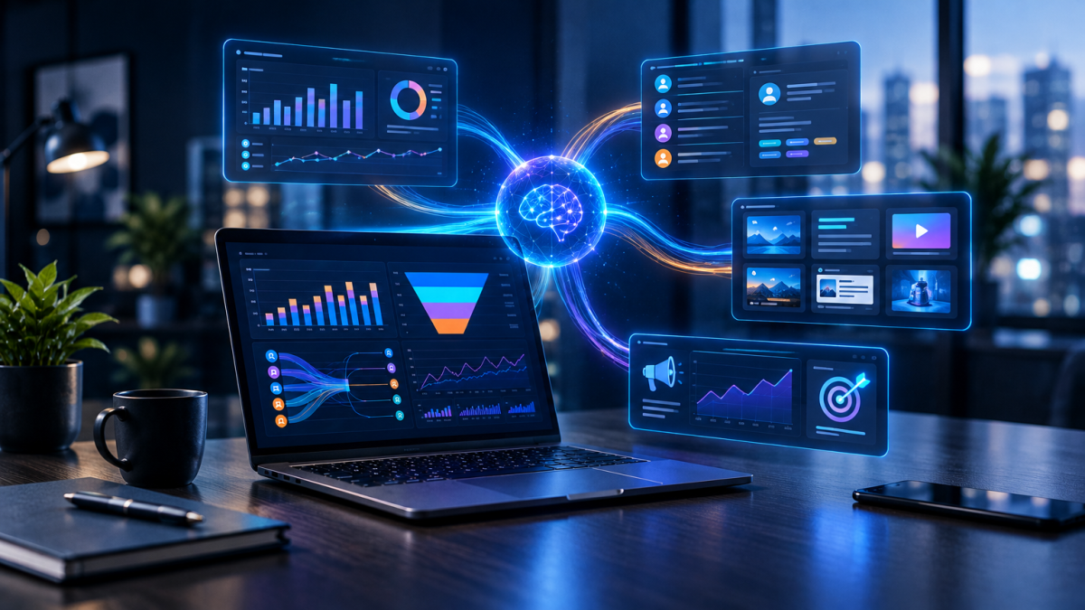 Illustration éditoriale d’un agent IA marketing reliant CRM, analytics, contenu et campagnes